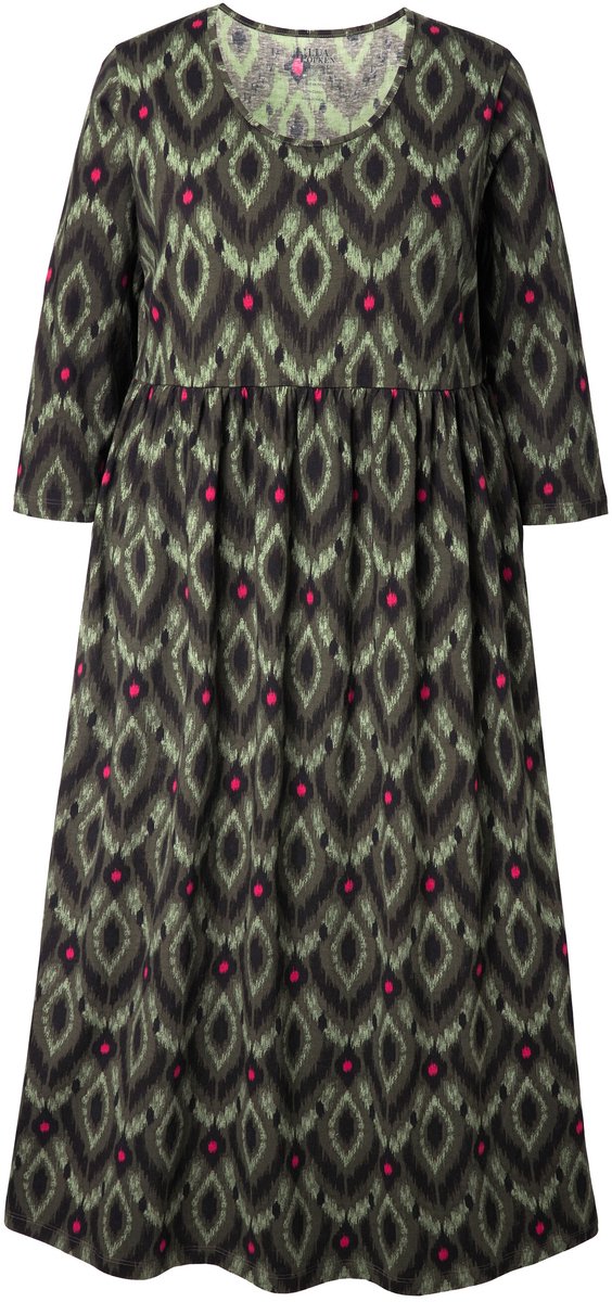 Ulla Popken Dames - Jersey maxi-jurk A-lijn ronde hals 3/4-mouwen - Olijfgrijs - Maat 62+