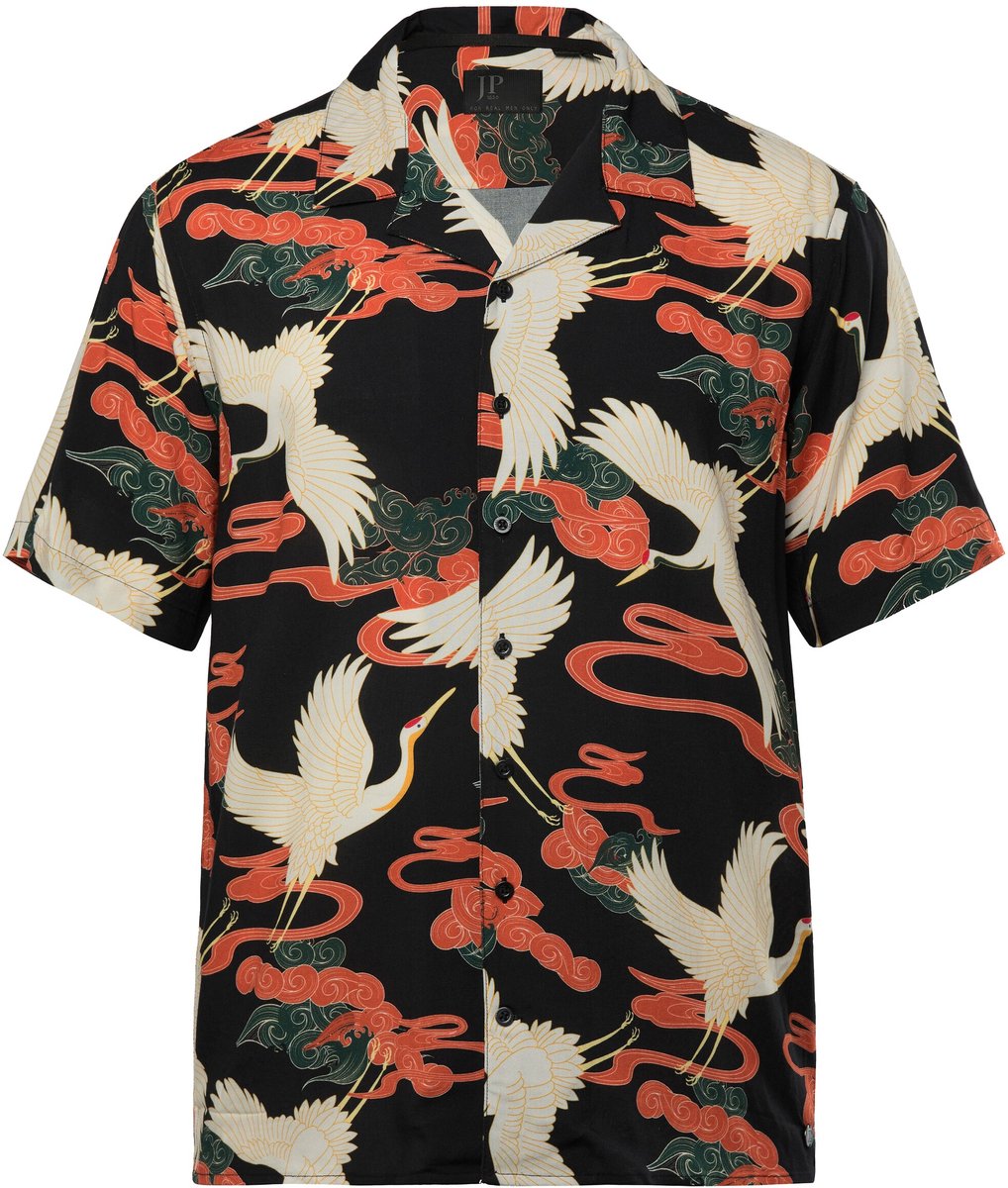 JP 1880 - Heren - Viscose overhemd korte mouw Cubaanse kraag all-over print - Zwart - Maat 3XL