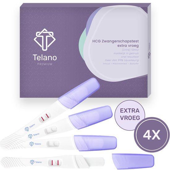 4 Telano Premium vroege zwangerschapstesten met paarse dopjes, naast de doos.