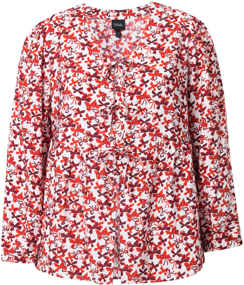 Ulla Popken - Dames - Blouse strik A-lijn V-hals lange mouwen - Rood - Maat 54+