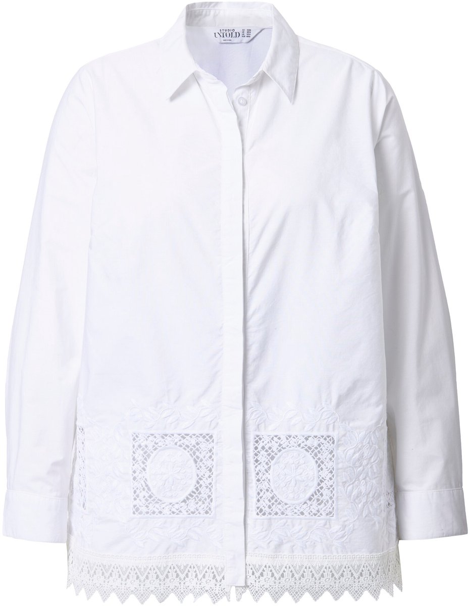 Studio Untold - Dames - Overhemdblouse boxy shape opengewerkt kant bij de zoom - Off-white - Maat 42+