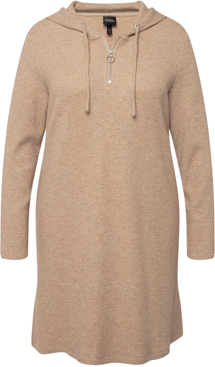 Ulla Popken Dames - Midi-sweatjurk wafelstructuur glitter capuchon - Cement - Maat 50+