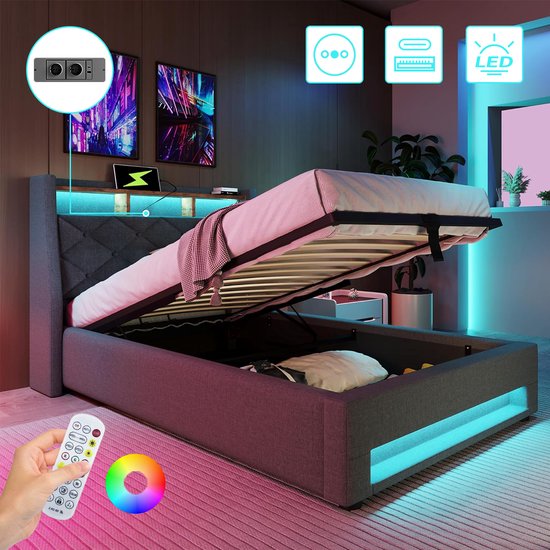 Lit rembourré en lin 90x200 cm - Lit simple - Avec levier hydraulique - Lit coffre - Lit enfant - Cadre de lit avec Siècle des Lumières LED - Prises électriques - USB - Type C - Montage facile - Grijs