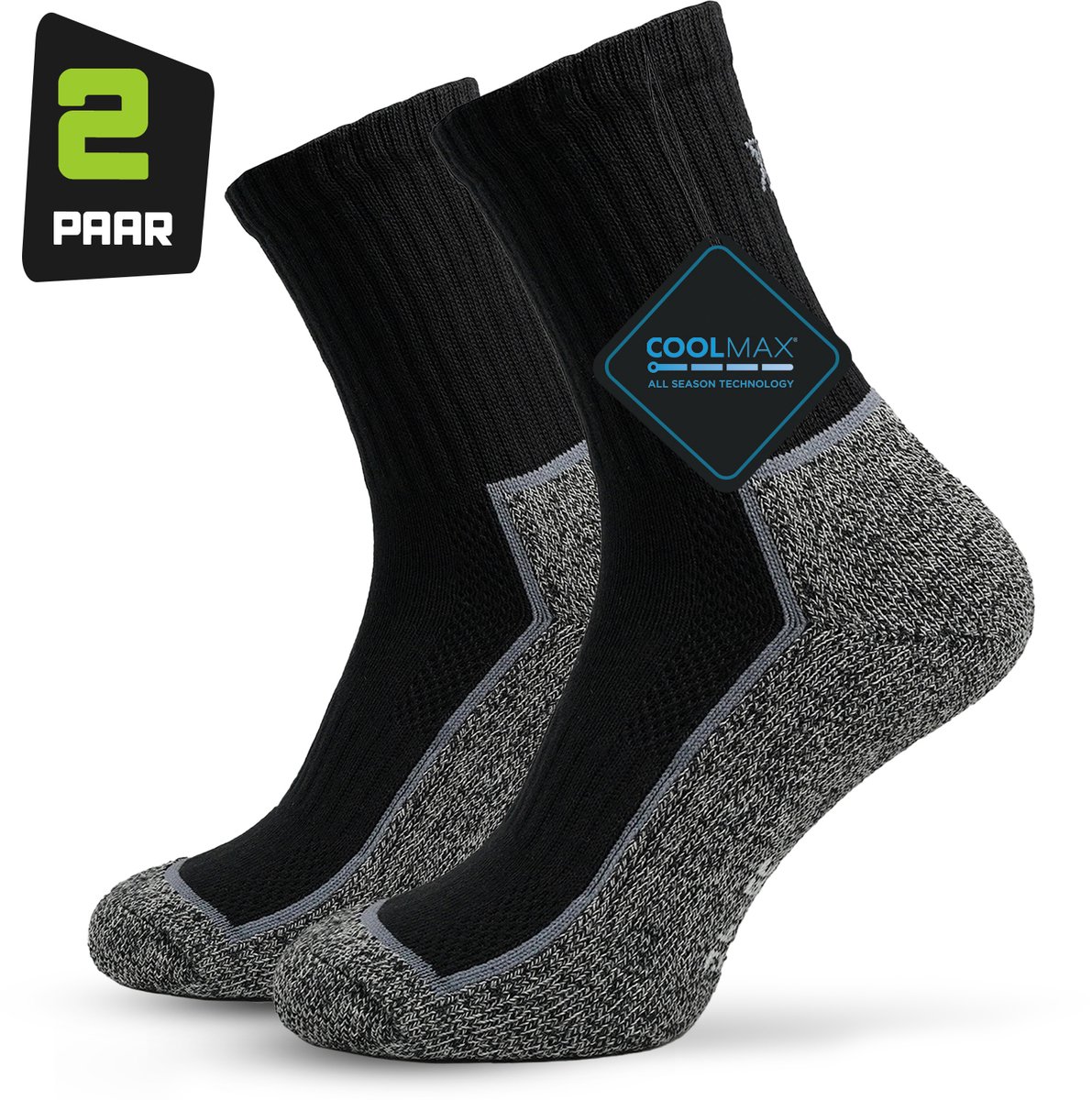 Outdoor- en Wandelsokken Coolmax Heren & Dames – 2-paar – Vermindert zweetvoeten Goede ondersteuning Comfortabele pasvorm Anti-afzak band Verstevigde Teen & Hiel Zwart