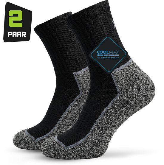 Outdoor- en Wandelsokken Coolmax Heren & Dames - Maat 39-42 - 2-paar - Zwart - Vermindert zweetvoeten - Goede ondersteuning - Comfortabele pasvorm - Anti-afzak band - Verstevigde Teen & Hiel