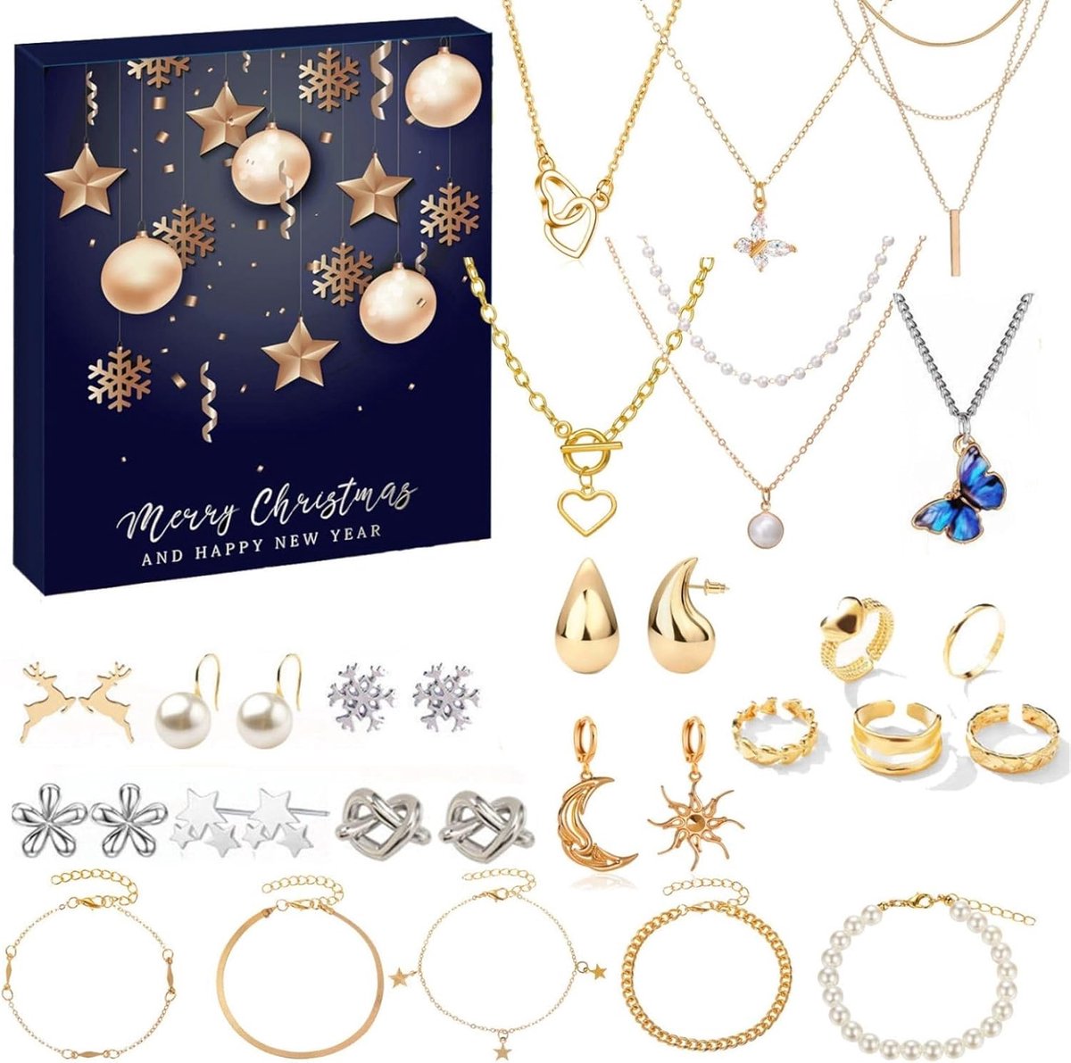 Kerst Advent Sieraden Blind Box Aftelkalender - Juwelen Adventskalender voor Volwassen Vrouwen – 24 Dagen Kerst Countdown met Armbanden Oorbellen Kettingen en Ringen – Verrassingen voor Vrouw Dochter of Vriendin（ Blauwe blinde doos ）