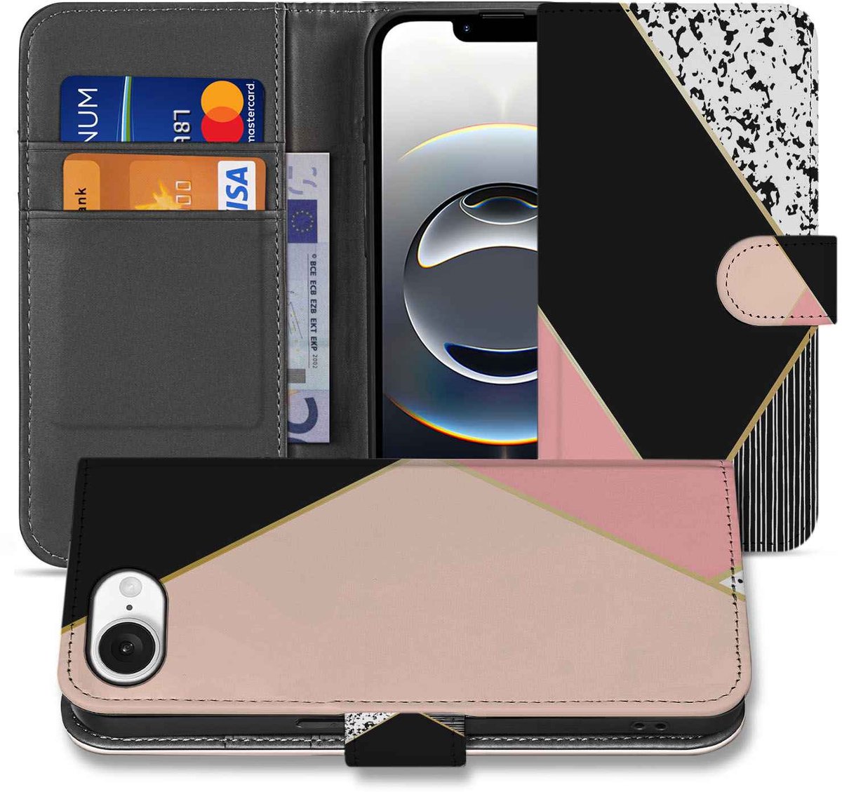 iPhone 16e/17e Book Case Zwart Roze Vormen