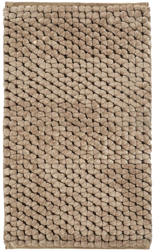 Beige rechthoekige badmat met een geweven rand en een bubbelpatroon.