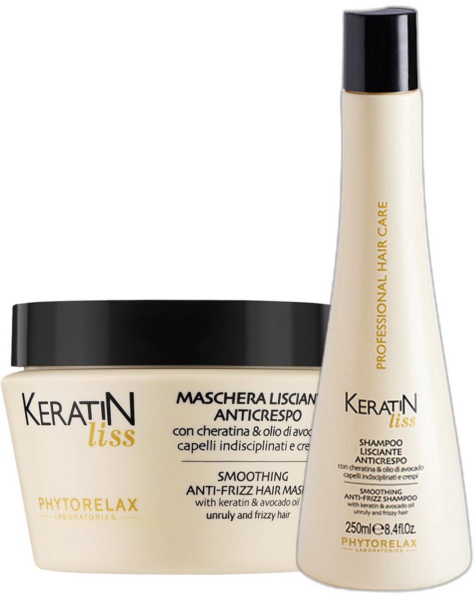 Phytorelax Keratin Liss Set – Shampoo + Haarmasker – Anti-Frizz & Anti-Klit – Met Keratine & Avocado-olie – Voor Pluizig, Droog & Onhandelbaar Haar – 2x250ml