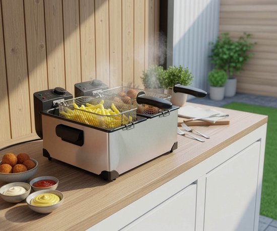 Tomado dubbele friteuse op een houten aanrecht, met frietjes en bitterballen in de manden.