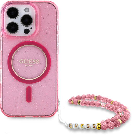 Coque arrière Guess pour iPhone 16 Pro Max - Pink - Glitter - Avec dragonne pour une meilleure prise en main