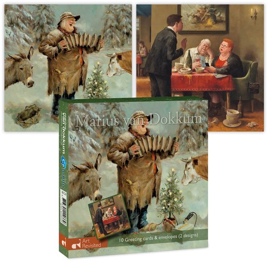 Kerstkaart met een man die accordeon speelt met een ezel en koe, en een kaart van een stel aan tafel.