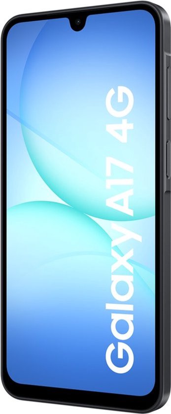 Zwarte Samsung Galaxy A17 4G smartphone, zijaanzicht, scherm toont 'Galaxy A17 4G'.