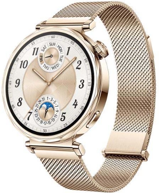 Gouden smartwatch met Milanese band. Witte wijzerplaat met gouden details, datumweergave en losse band.