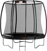 Zwarte trampoline van Avyna met veiligheidsnet, inclusief ladder.