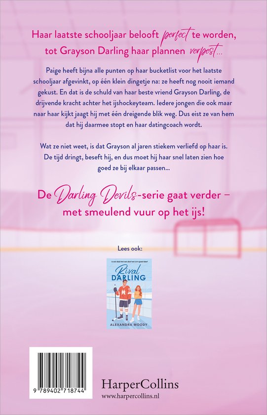 Achterkant van het boek 'Grumpy Darling' met beschrijving en een kleine afbeelding van een ijshockeypaar.