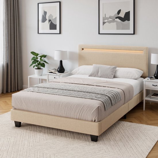 Bealife BF27 Bedframe - 200 x 120 cm - LED-verlichting - Hoofdbord en lattenbodem - Beige