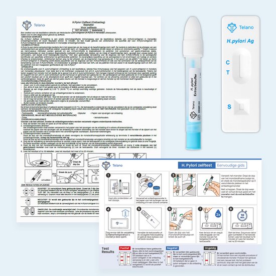 Handleiding H. Pylori zelftest: stappen, resultaten (positief, negatief, ongeldig), en benodigdheden.