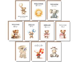 Luxe Wenskaarten Set Geboorte - 10 Kaarten met Enveloppen - Geboortekaartjes - A6 - Blanco - Felicitatie - Dieren