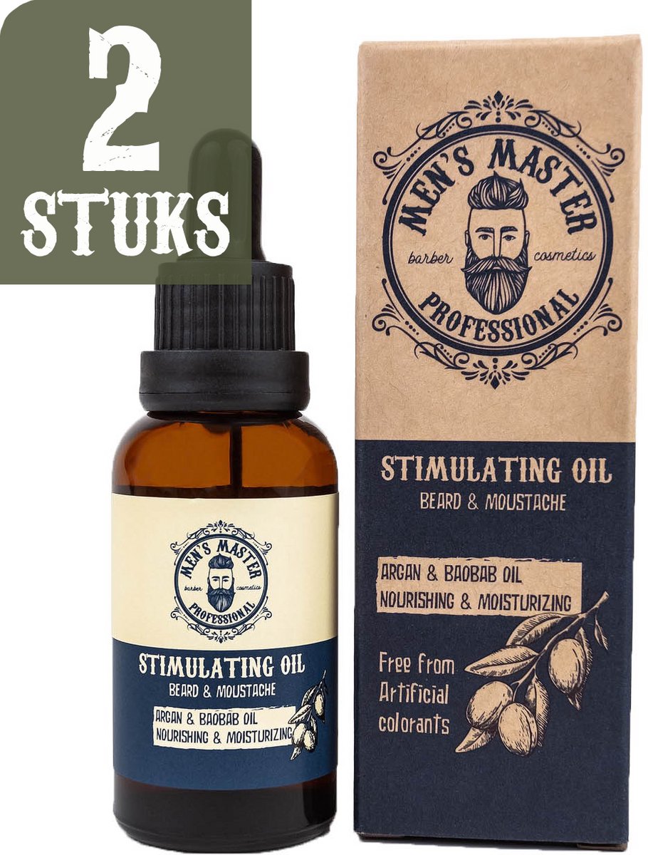 Men's Master Stimulating Beard Oil Voordeelverpakking – Verzorgende Baardolie met Vitamine E – Stimuleert Baardgroei – Baardverzorging voor Gevoelige Huid – 2 x 30ml