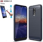 Nokia 3.2 Carbone Brushed Tpu Blauw Cover Case Hoesje - 1 x Tempered Glass Screenprotector