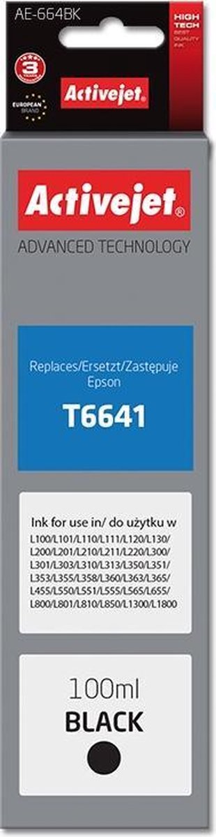 ActiveJet AE-664BK-inktfles voor Epson-printer, vervangende Epson T6641; Opperste; 100 ml; zwart.