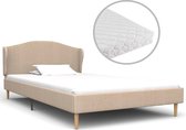 Bed met Traagschuim Matras Beige 90x200 cm Stof met LED (Incl LW Led klok) - Bed frame met lattenbodem - Tweepersoonsbed Eenpersoonsbed