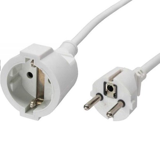 Witte kabel met stekker en vrouwelijke connector, beide met geaarde contacten.