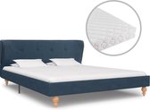Bed met Matras Blauw 140x200 cm Stof (Incl LW Led klok) - Bed frame met lattenbodem - Tweepersoonsbed Eenpersoonsbed