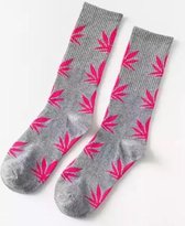 Wietsokken - Cannabissokken - Wiet - Cannabis - grijs-roze - Unisex sokken - Maat 36-45