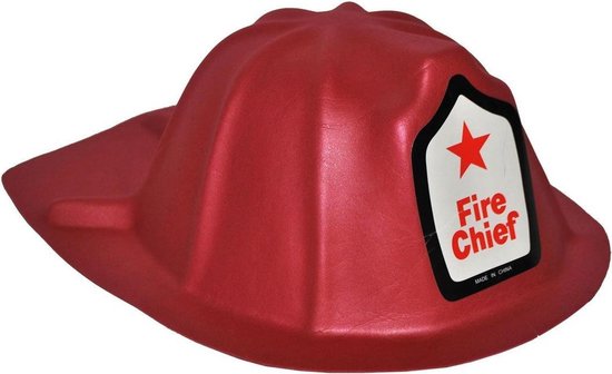 Rode brandweerhelm met een schildje waarop 'Fire Chief' en een rode ster staan.
