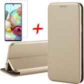Hoesje geschikt voor Samsung Galaxy A71 - Screen Protector GlassGuard - Book Case Leer ThinShield Goud & Screenprotector
