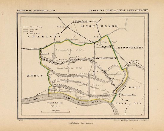 Historische kaart, plattegrond van gemeente Oost en West Barendrecht in Zuid Holland uit 1867 door Kuyper van Kaartcadeau.com