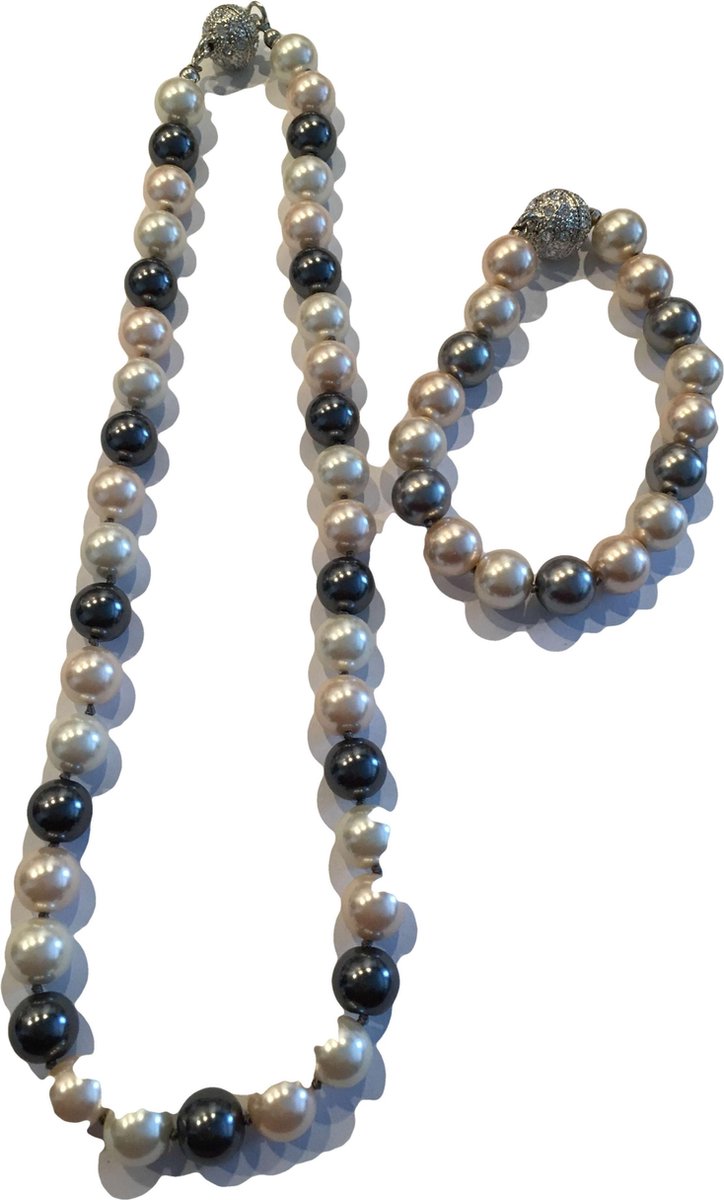 Parelset zalm grijs/zwart (ketting en armband)
