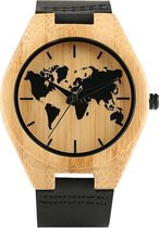 Zoëies houten horloge met zwarte leren band en wereldkaart