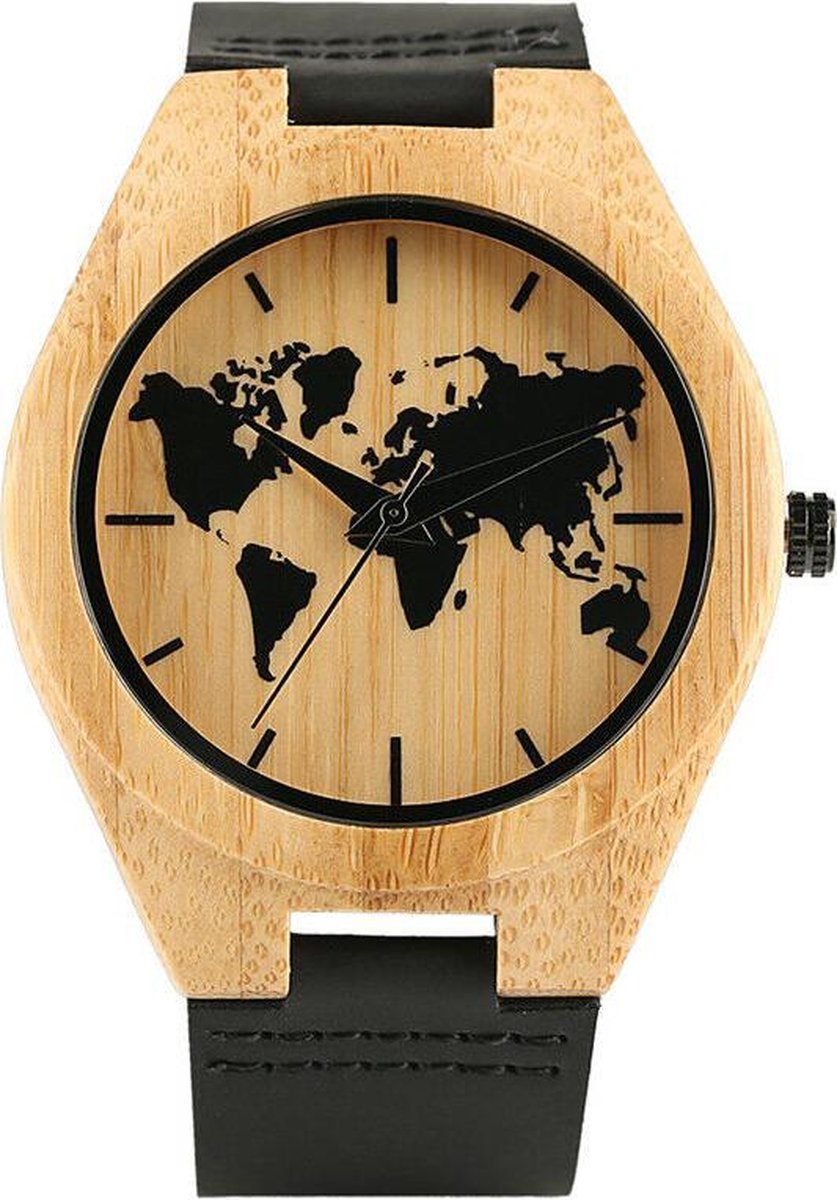 Zoëies houten horloge met zwarte leren band en wereldkaart