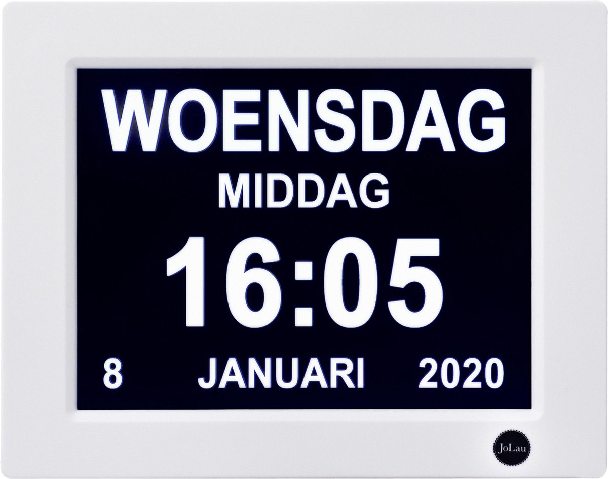 Digitale (ouderen/ dementie) klok van JoLau met dag en datum aanduiding |
