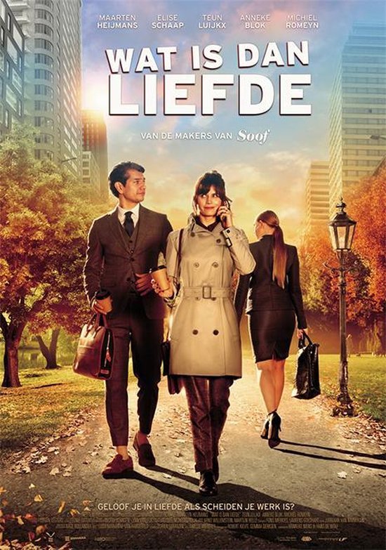 Film poster 'Wat is dan liefde'. Twee mannen en een vrouw lopen op een herfstachtig pad in de stad. De titel staat bovenaan.