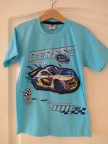 Stoer zeeblauw T-shirt met racewagen 140