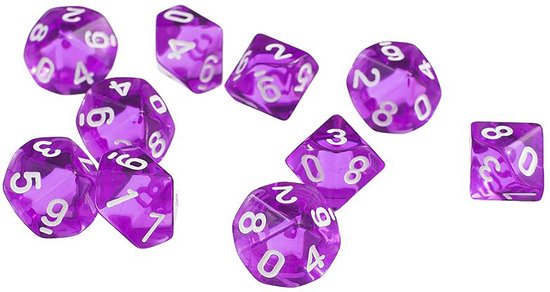 Thumbnail van een extra afbeelding van het spel 10-kantige dobbelstenen (cijfers 0-9) - Paars (5 stuks) / Tienkantige dobbelstenen