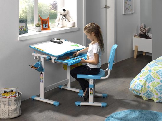 Vipack-Kinderbureau-verstelbaar-Comfortline-201-met-stoel-blauw-en-wit