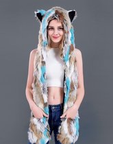 KIMU hood wolf muts lapjes met wanten en oortjes - bruin wit blauw - bont berenmuts flappen bontmuts sjaal spirit -