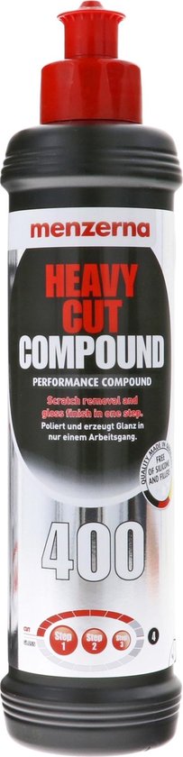 Menzerna Heavy Cut Compound 400 polijstmiddel in fles met rode dop.