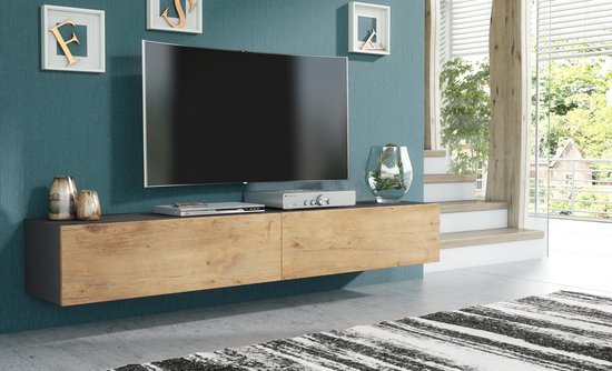 Pro-meubels - Zwevend Tv-meubel - Tv kast - Tunis - Antraciet - Eiken - 200cm 2x100cm