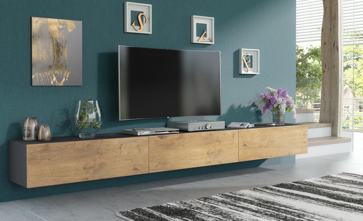 Pro-meubels - Zwevend Tv-meubel - Tv kast - Tunis - Antraciet-Eiken - 300cm  3x100cm | bol.