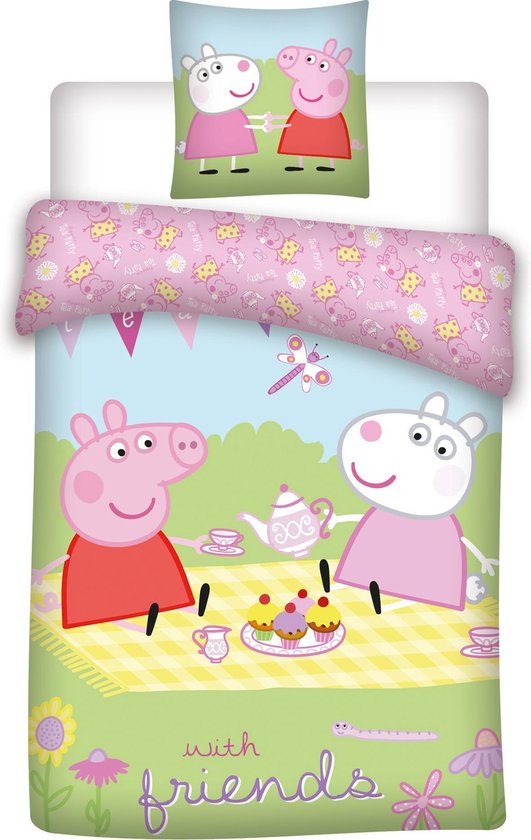 Peppa Pig dekbedovertrek met Peppa en Suzy op een picknick. Roze met gele en groene accenten. Met tekst 'with friends'.
