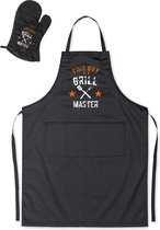 Mijncadeautje - BBQ-schort - Grill Master met Bestek - zwart - XXL 97 x 68 cm - gratis BBQ- handschoen