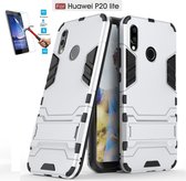 Huawei P20 Lite Kickstand Shockproof Zilver Cover Case Hoesje - 1 x Tempered Glass Screenprotector A3TBL