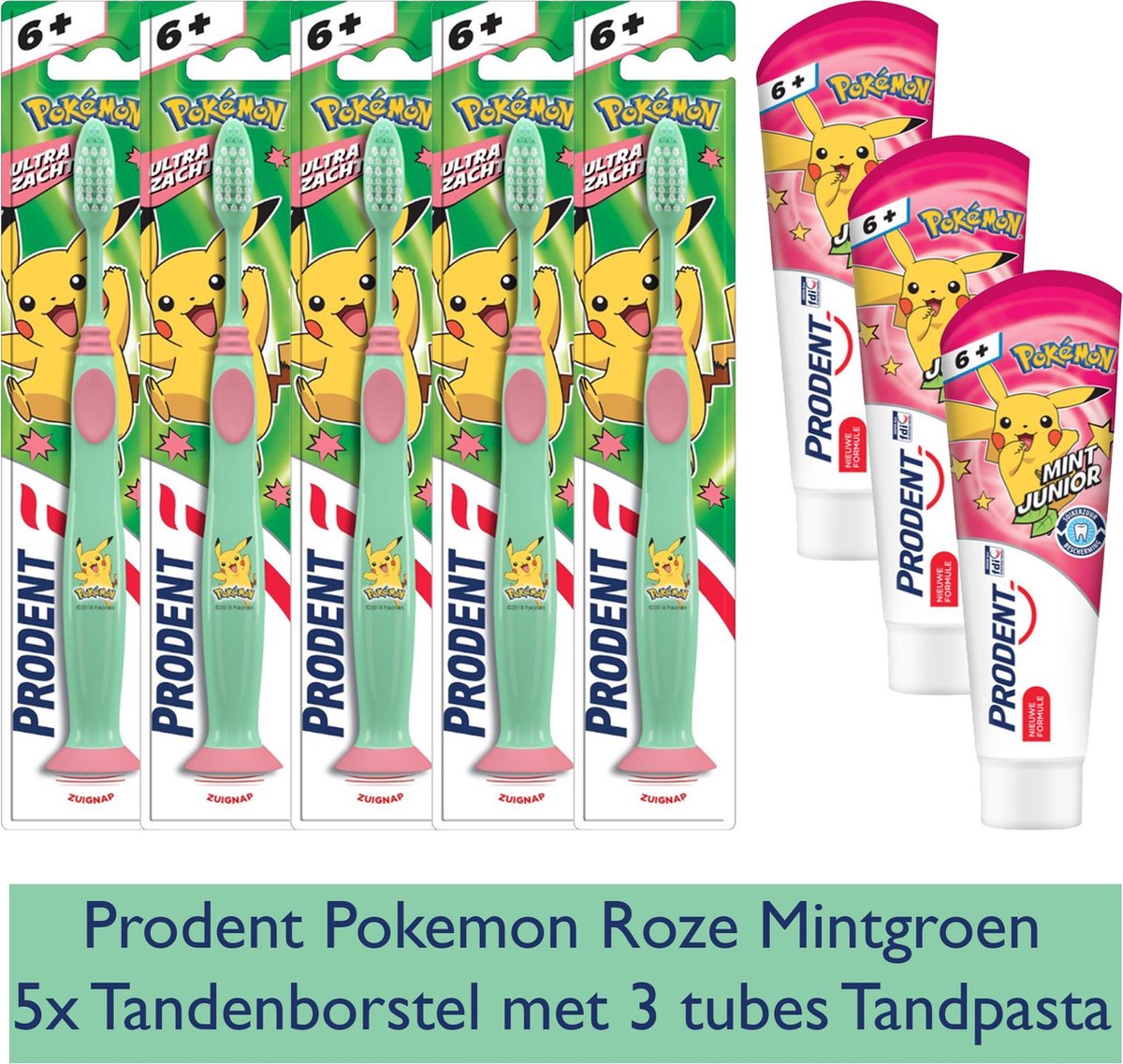 Prodent Pokémon Junior Tandenborstel 6-12jr - met Tandpasta - Voordeelverpakking - Mintgroen - Roze - Prodent