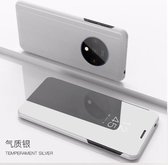 Clear View Mirror Stand Cover + PET Screenprotector voor OnePlus 7T _ Zilver